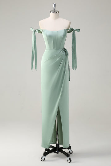Agave Sheath Bow Tie Straps Corset Long Bridesmaid Dress with Slit